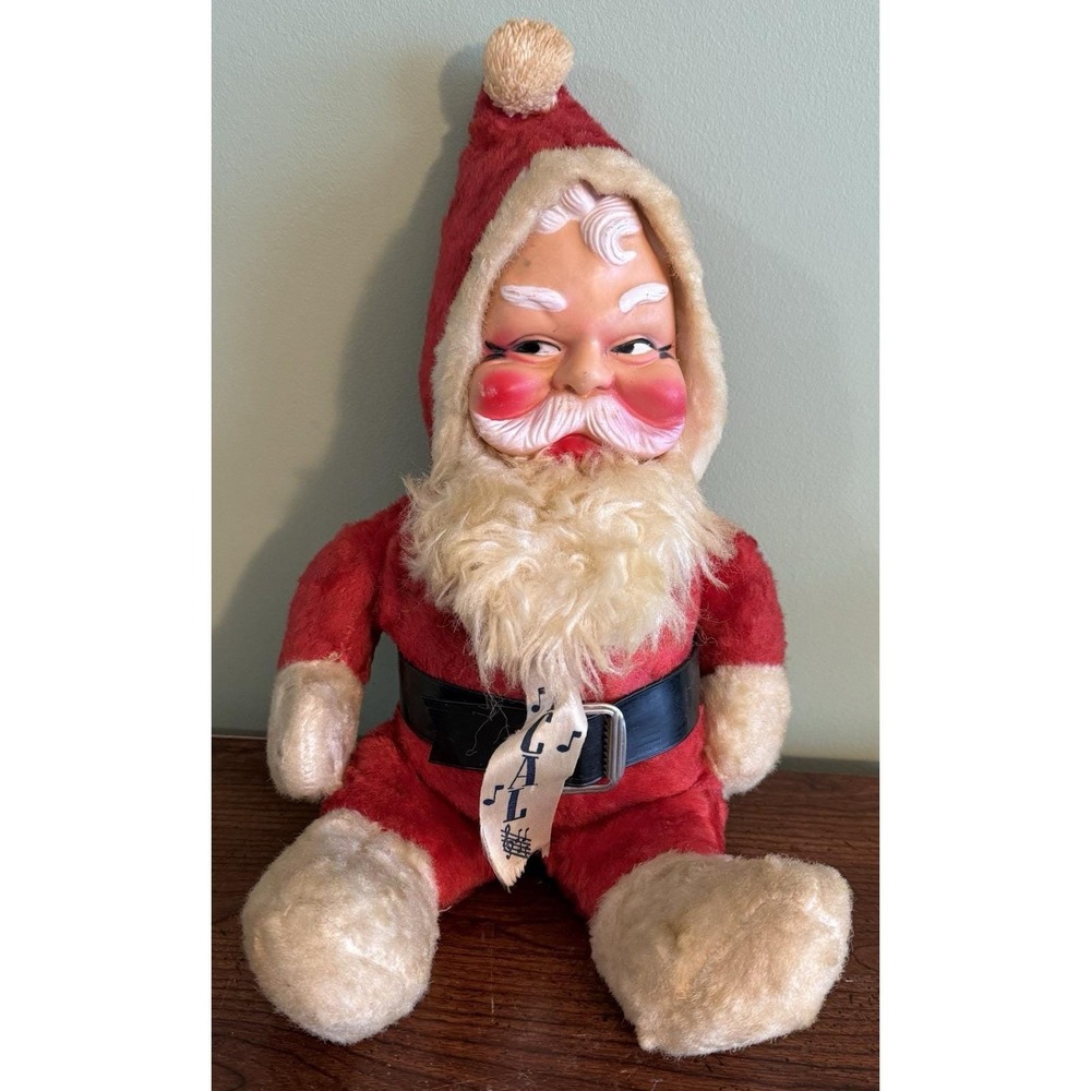 VTG 1950s Musical Rubber‎ Faced Santa Claus Plush Stuffed Doll 18" Rare. *READ*
